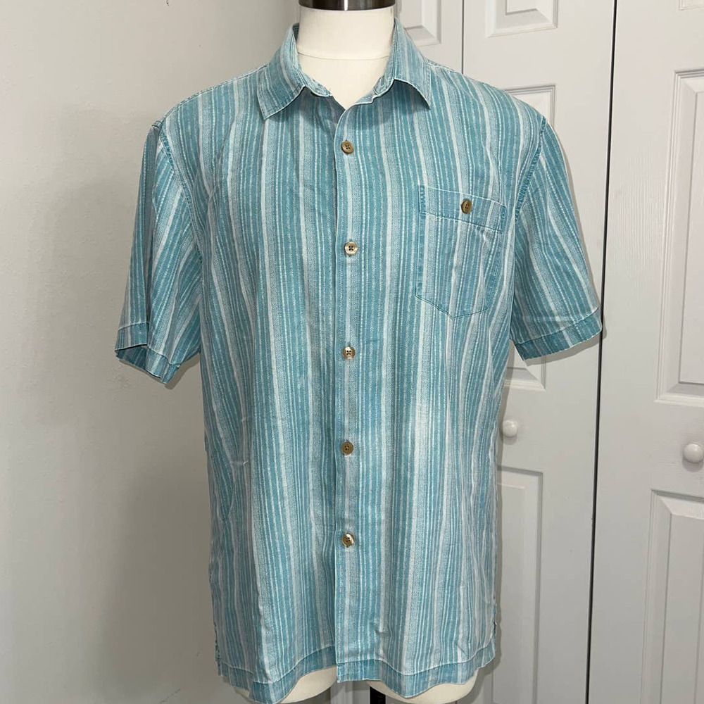 Tommy Bahama Green and white 100% Silk Camp Shirt - XL